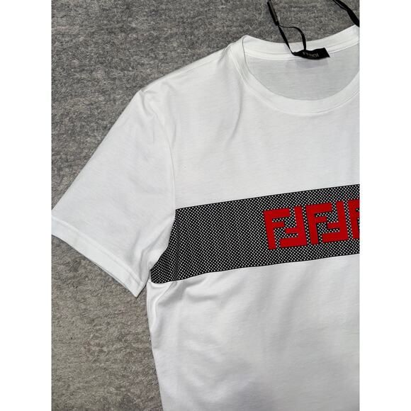 Fendi White Black Mesh Stripe Red FF Logo Short Sleeve Cotton T-Shirt Medium M - Picture 6 of 16